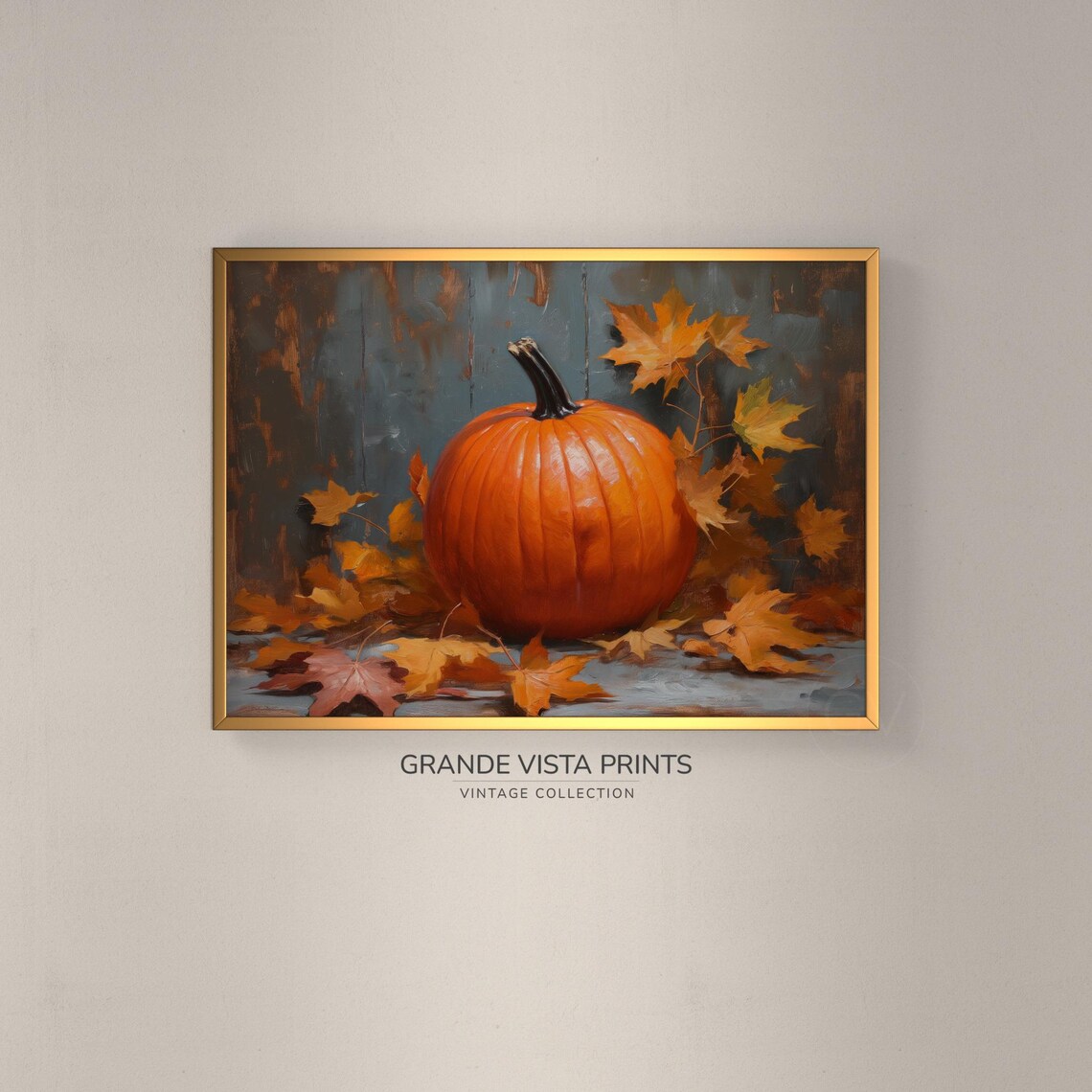 Orange Pumpkin Red Maple Leaves Dark Harvest Still Life Painting Poster