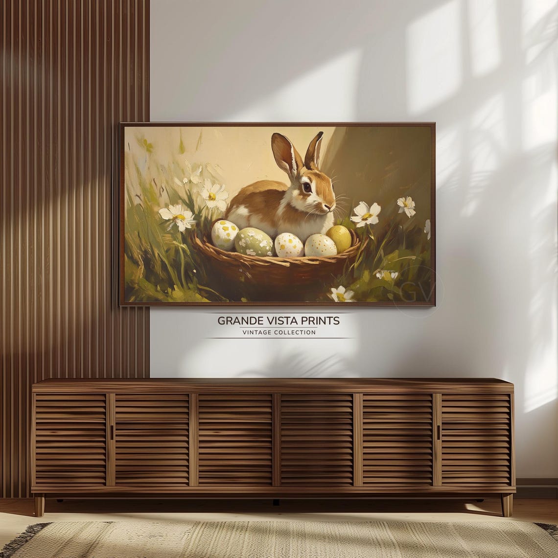Brown Bunny in Basket with Painted Eggs Daisies Spring Wall Art - Image 3