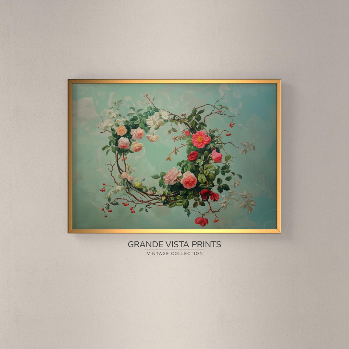 Pink Rose Wreath Garland Peachy Red Roses Mint Green Wall Art Print