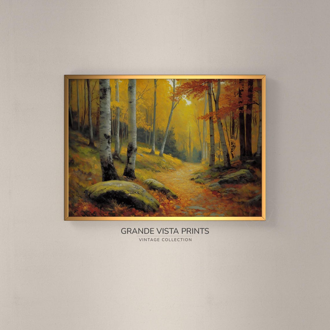 Golden Birch Grove White Trunks Mossy Rocks Sunlit Fall Forest Poster
