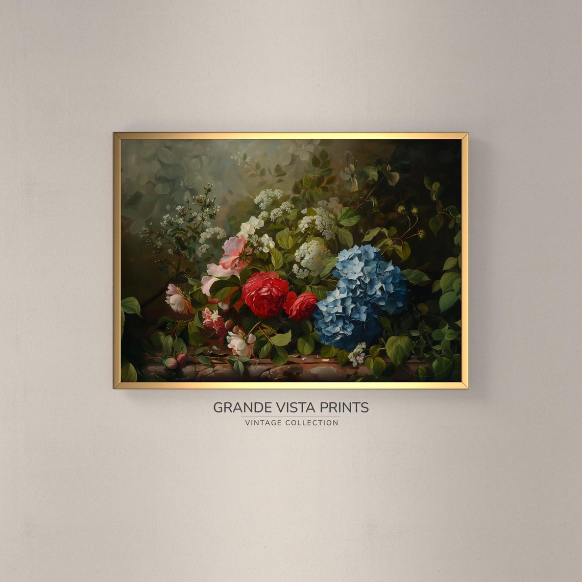 Red Roses Blue Hydrangea White Blossoms Moody Still Life Floral Poster
