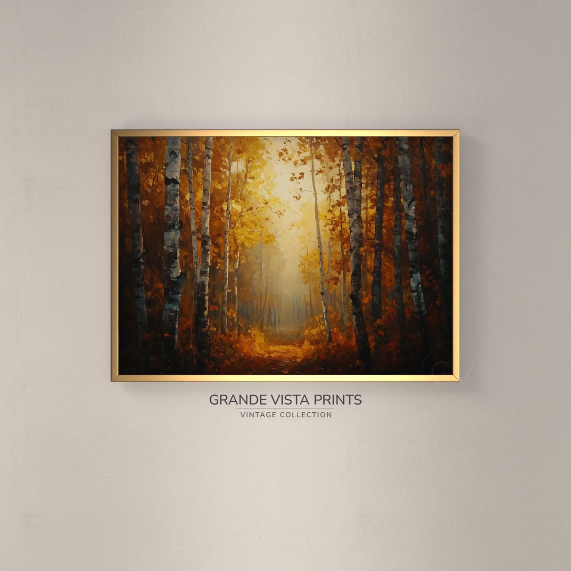 Misty Golden Birch Forest Sunlit Path Amber Vintage Wall Art