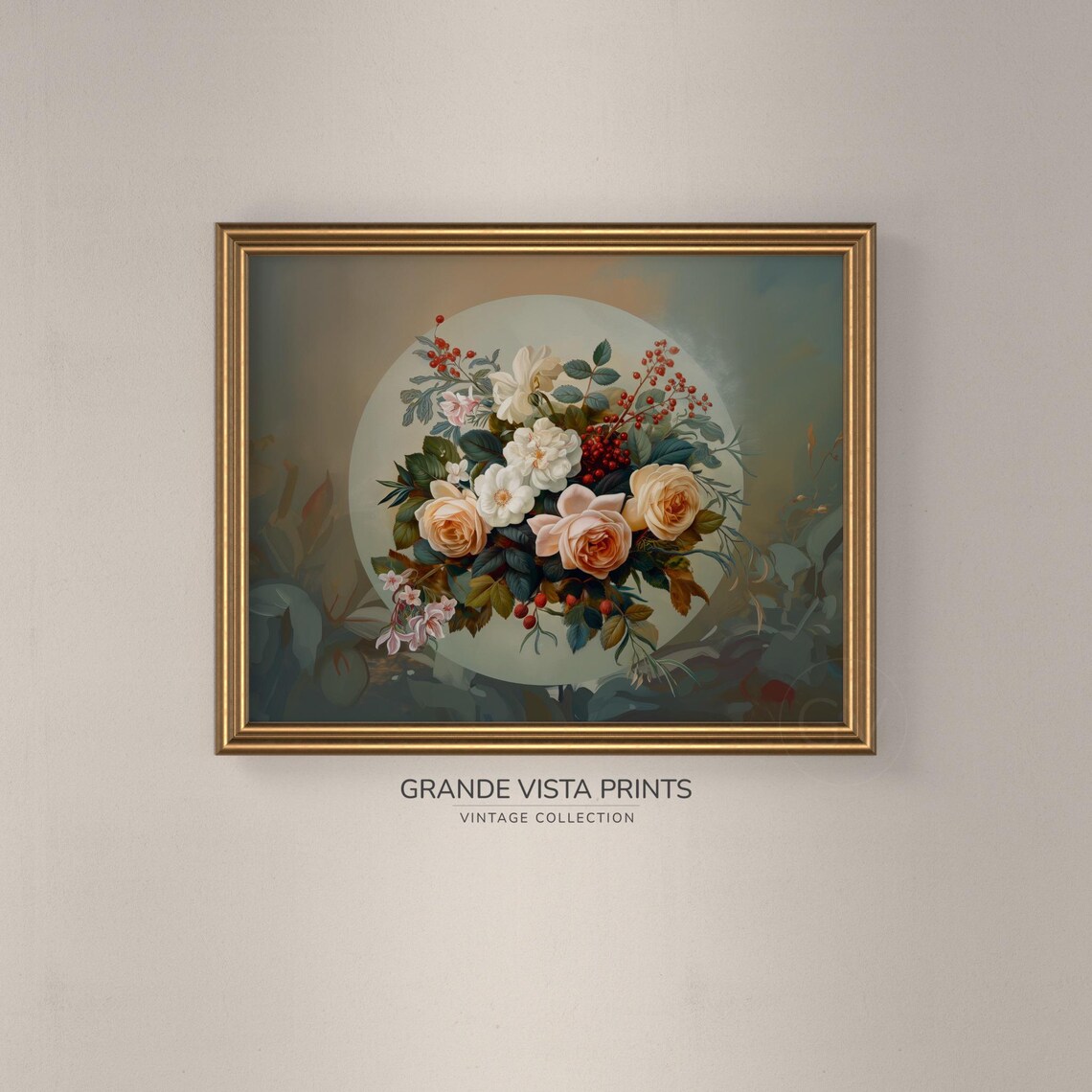 White and Peach Roses Red Berry Bouquet Circle Moody Floral Poster - Image 3