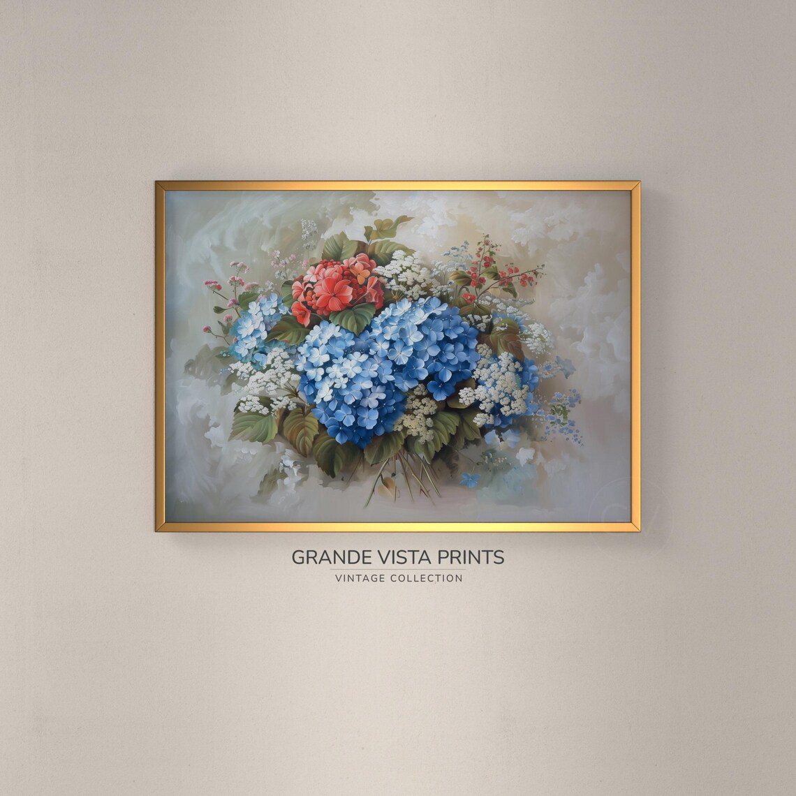 Blue Hydrangeas Red Pink Blooms White Bouquet Vintage Floral Poster