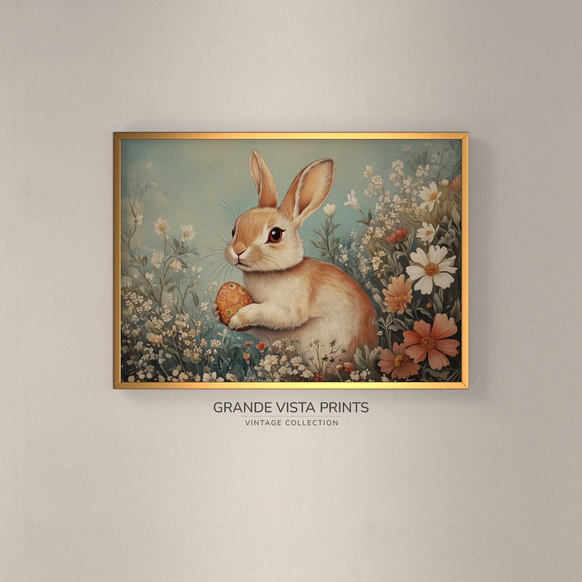 Tan Rabbit Holding Painted Easter Egg Wildflowers Vintage Art Poster