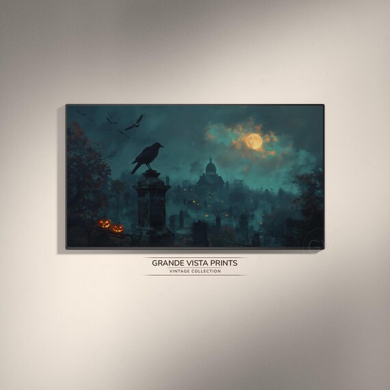 Halloween Graveyard Crow Moon Gothic Cemetery Spooky Art Poster