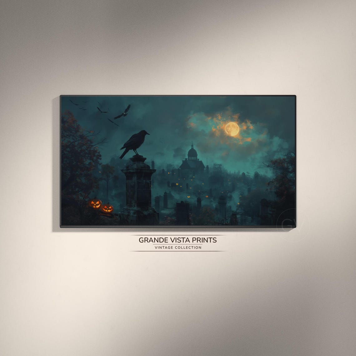 Halloween Graveyard Crow Moon Gothic Cemetery Spooky Art Poster