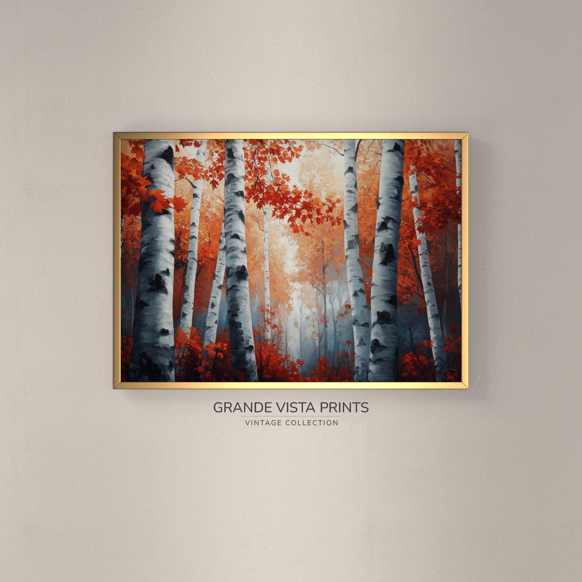Fiery Red Orange Birch Forest Misty Gray Vintage Autumn Poster