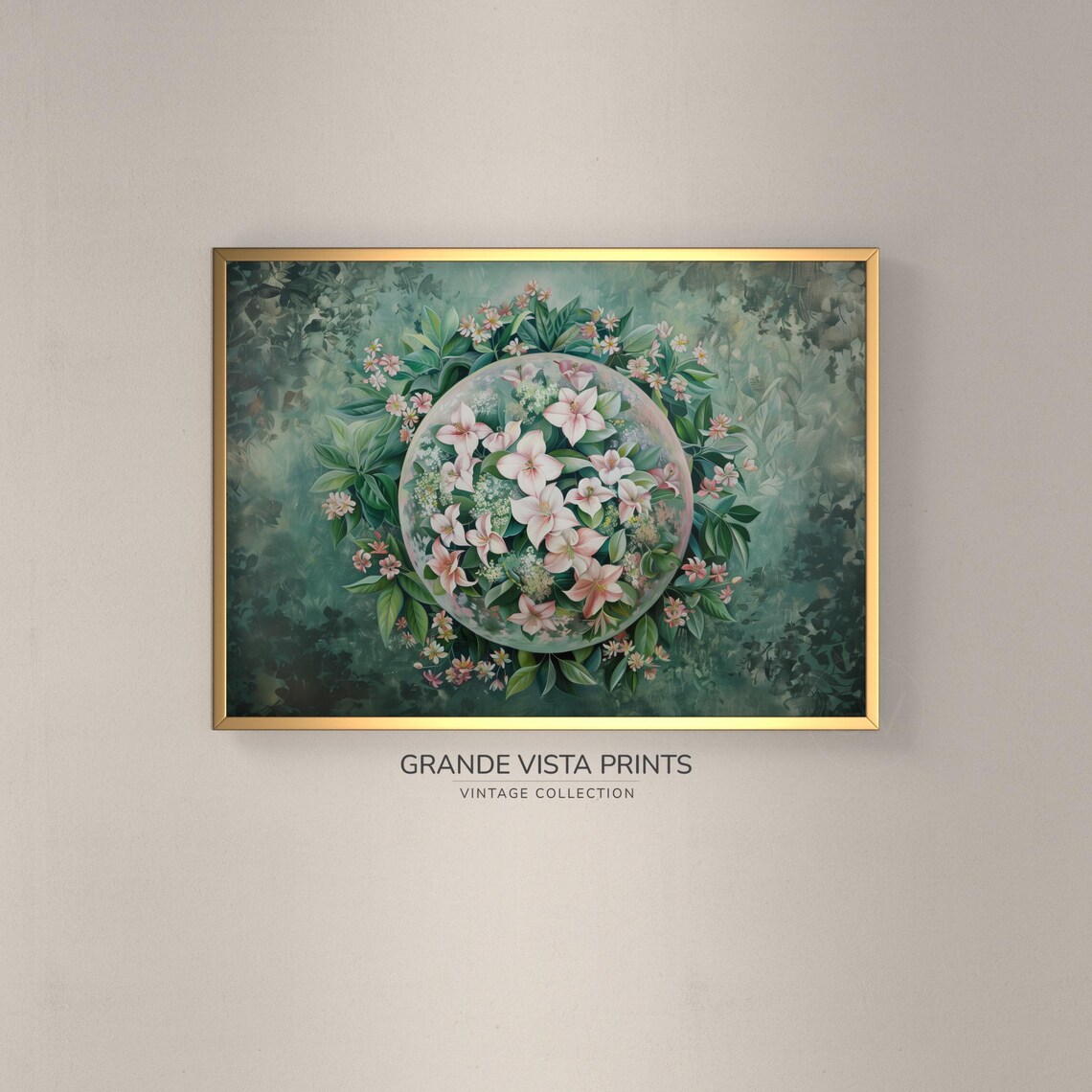 Pink Lily Floral Mandala Wreath Green Botanical Vintage Art Print
