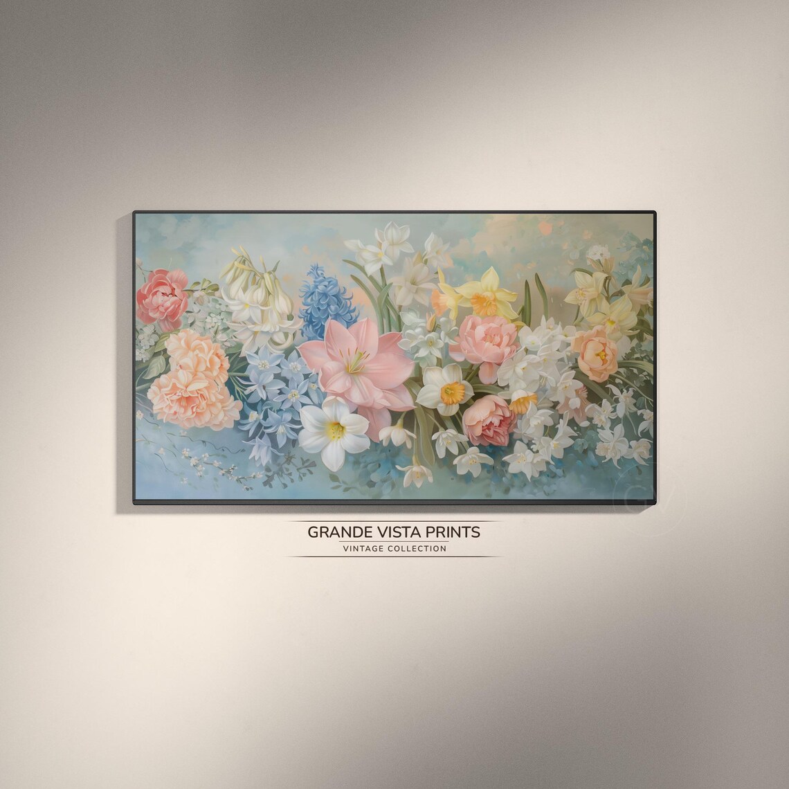 Pastel Spring Bouquet Pink Amaryllis Blue Hyacinth Vintage Art Print