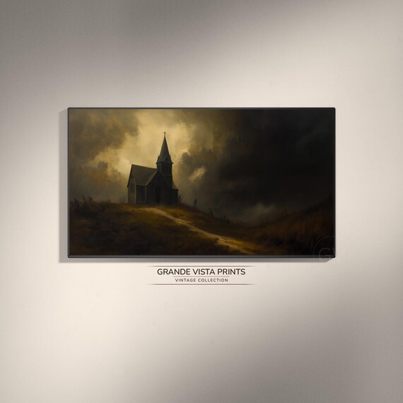 Haunted Church Stormy Night Dark Path Spooky Vintage Halloween Art Poster