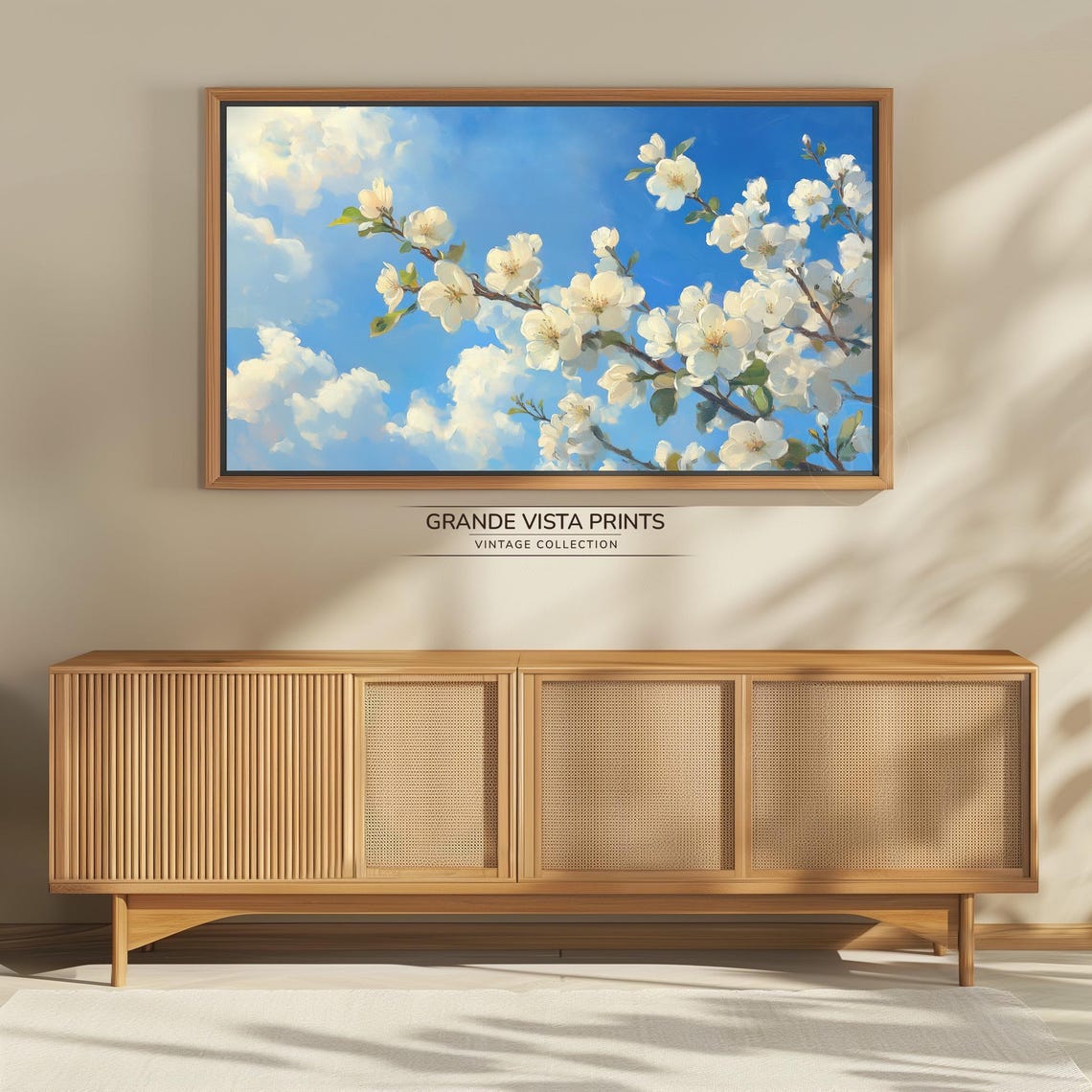 White Cherry Blossoms Against Bright Blue Sky Clouds Spring Wall Art - Image 4
