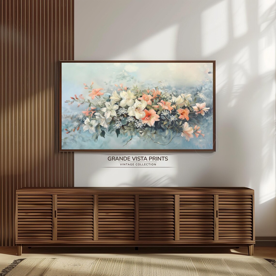 White Coral Blossoms Wildflower Bouquet Blue Floral Painting Poster - Image 3
