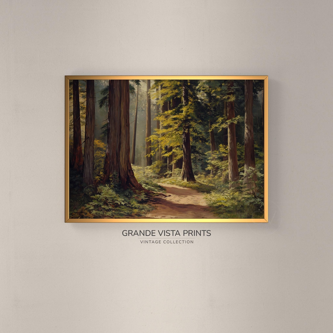 Sunlit Redwood Forest Trail Tall Giants Green Fern Path Travel Poster