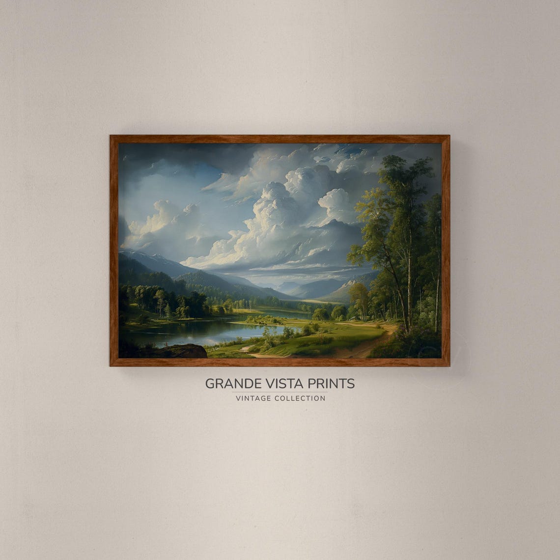 River Valley Lake Dramatic Clouds Green Banks Mountain View Poster - Image 2