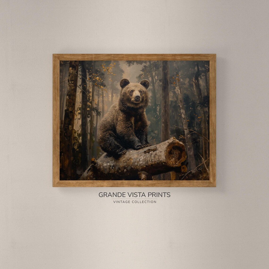 Brown Bear Cub Sitting Fallen Log Misty Forest Vintage Wildlife Print - Image 4