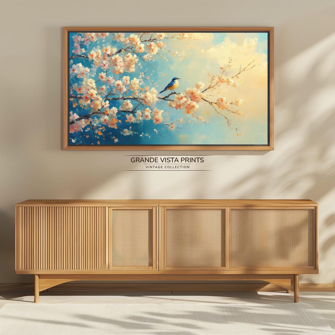 Bluebird on Cherry Blossom Branch Teal Sky Impressionist Wall Art - Image 4