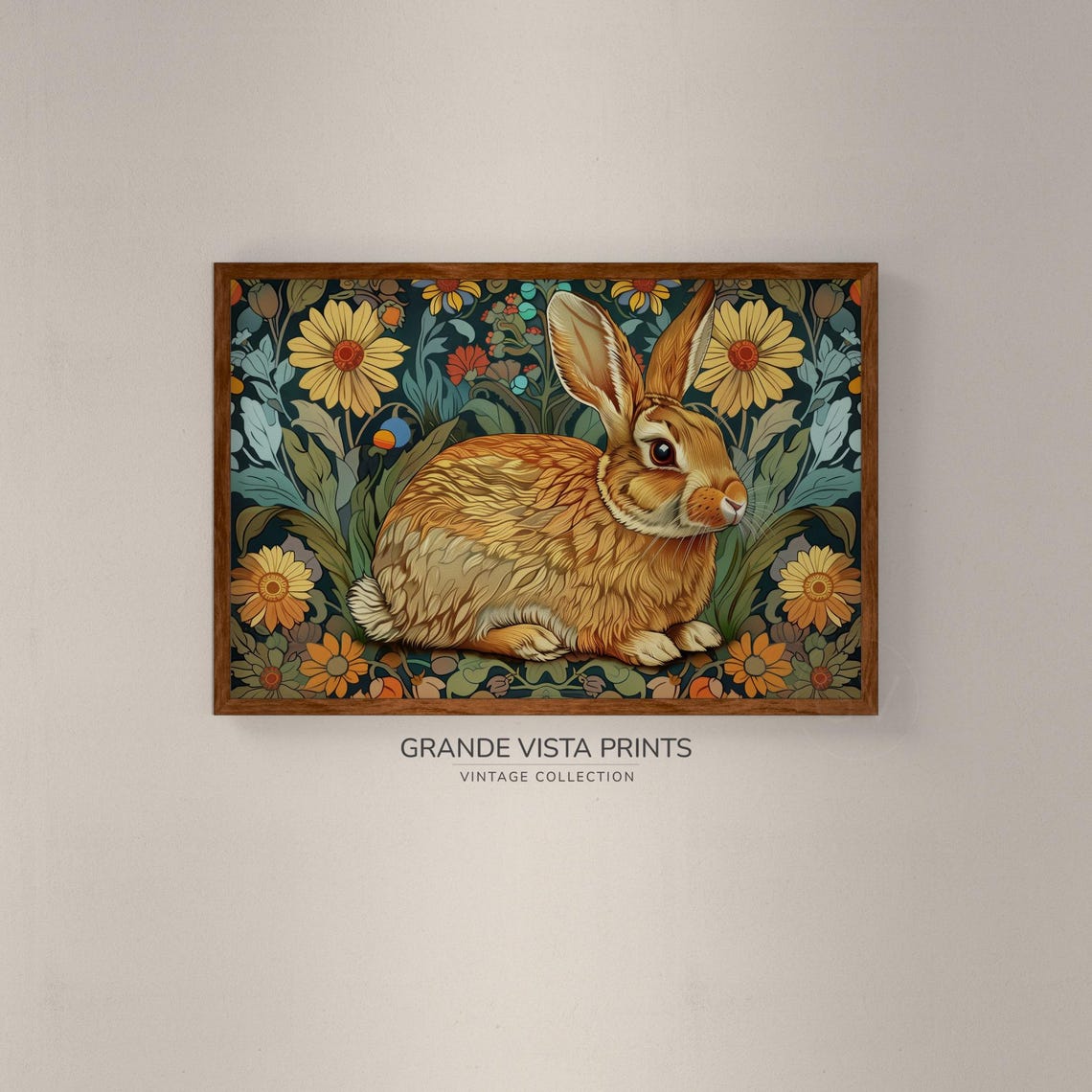 Golden Rabbit Stylized Floral Pattern Daisies Teal Vintage Print - Image 2