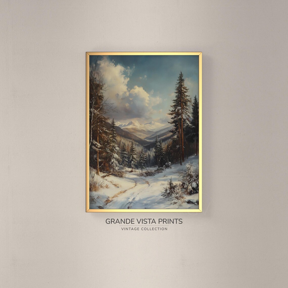 Snowy Woodland Clearing Sled Track Dramatic Sky Winter Poster