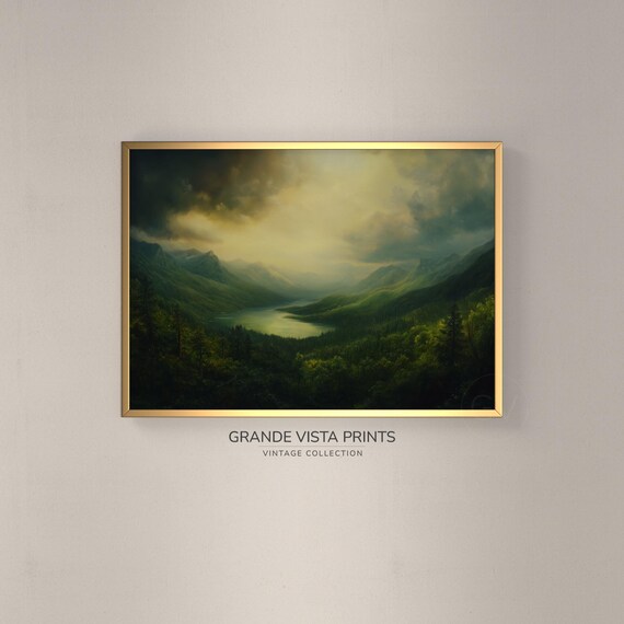 Moody Mountain Lake Landscape Painting Wall Art Forest Lake Landscape Artwork Wall Art Gv4606