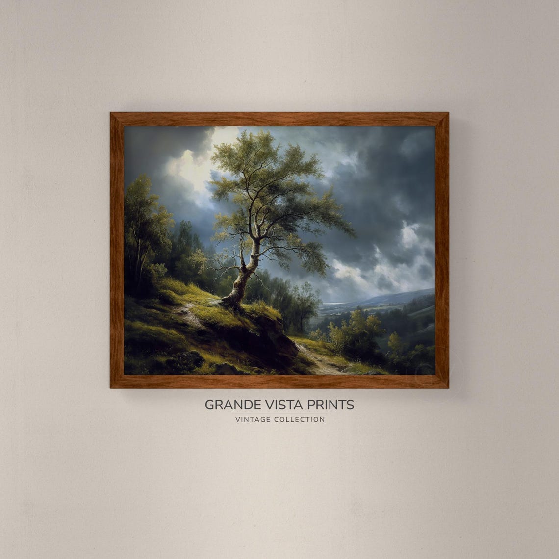 Lone Windswept Tree on Stormy Hillside Moody Oil Painting Poster - Image 4