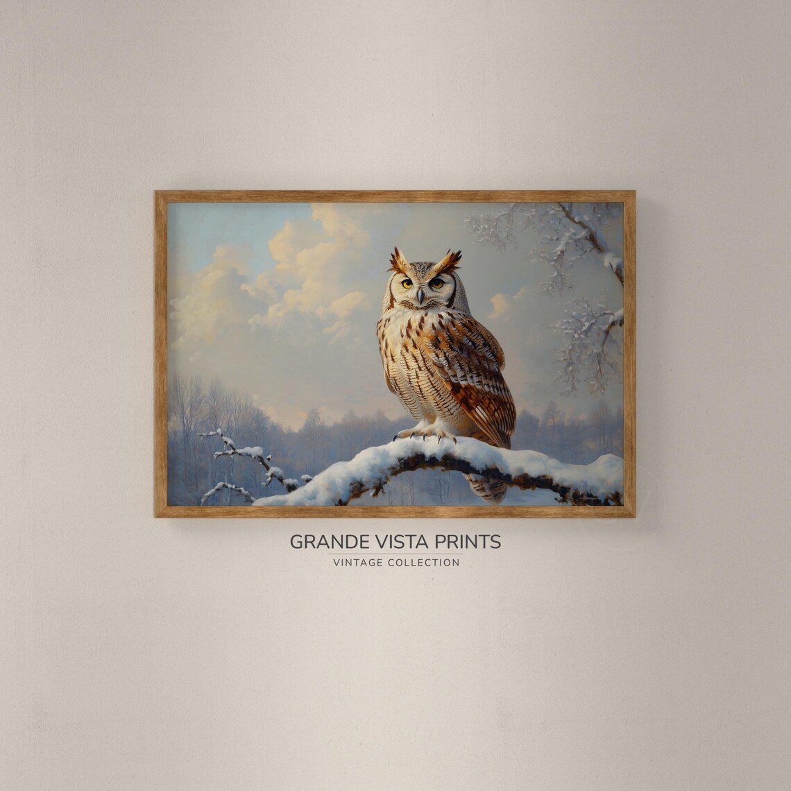 Great Horned Owl Snowy Branch Winter Wildlife Painting Poster - Image 2