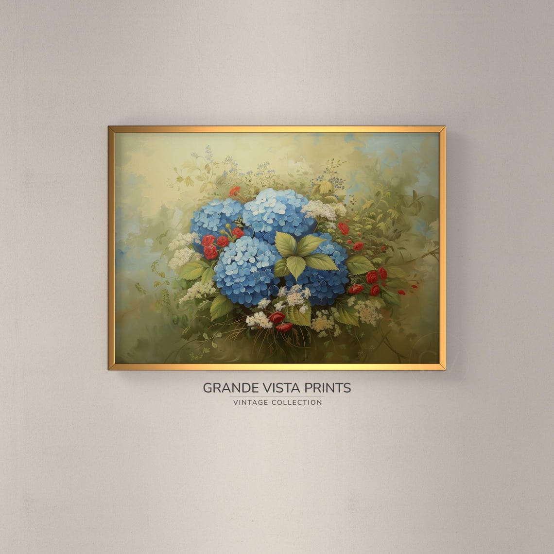 Blue Hydrangea Blossom Bouquet Vintage Floral Still Life Art Poster