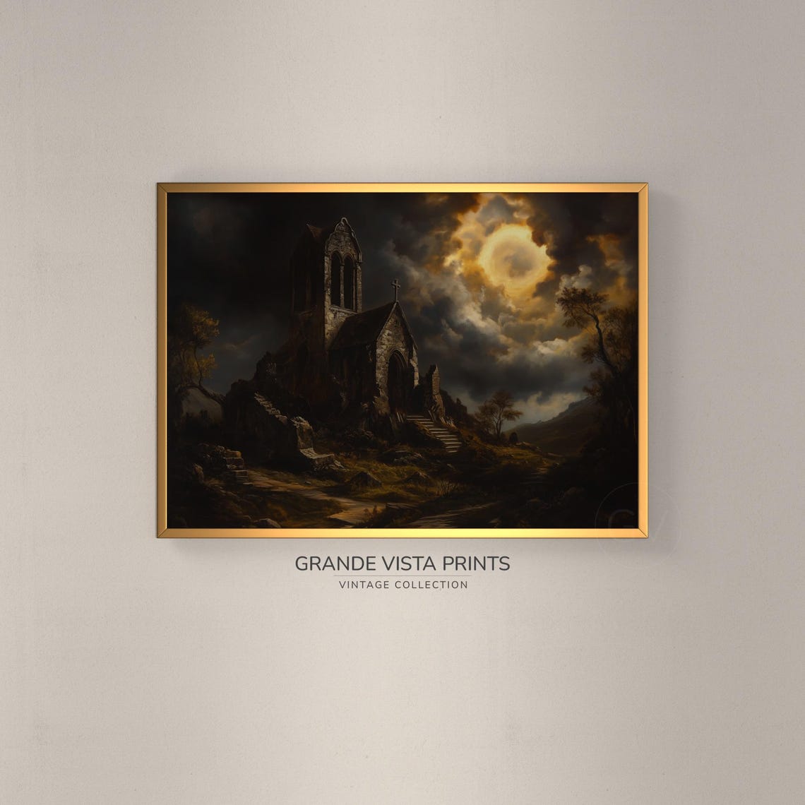 Dark Academia Ruined Stone Church Stormy Night Clouds Moon Print