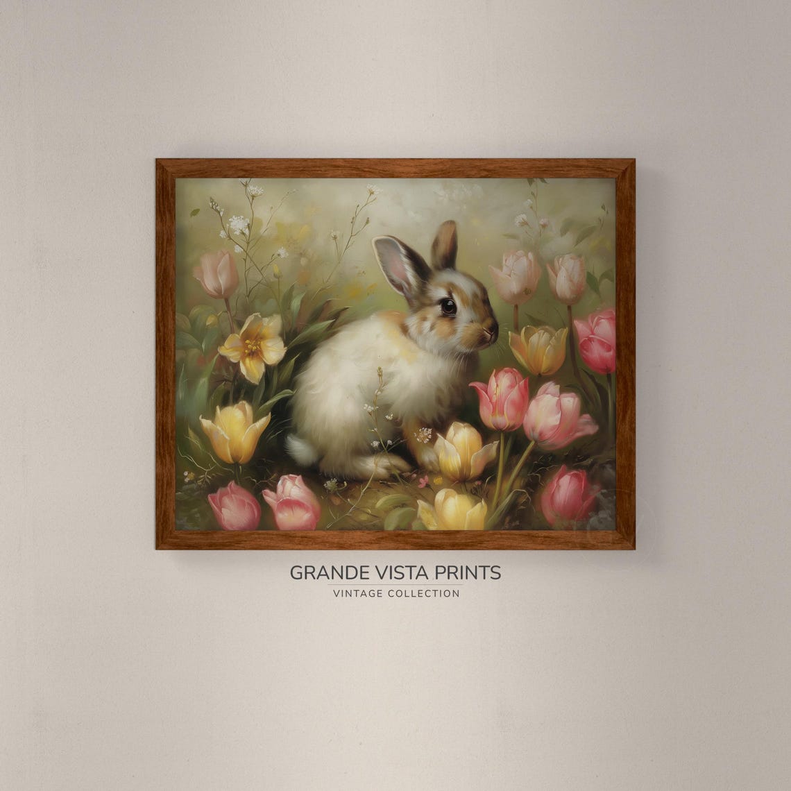 White Bunny Among Yellow Daffodils Pink Tulips Spring Easter Print - Image 4