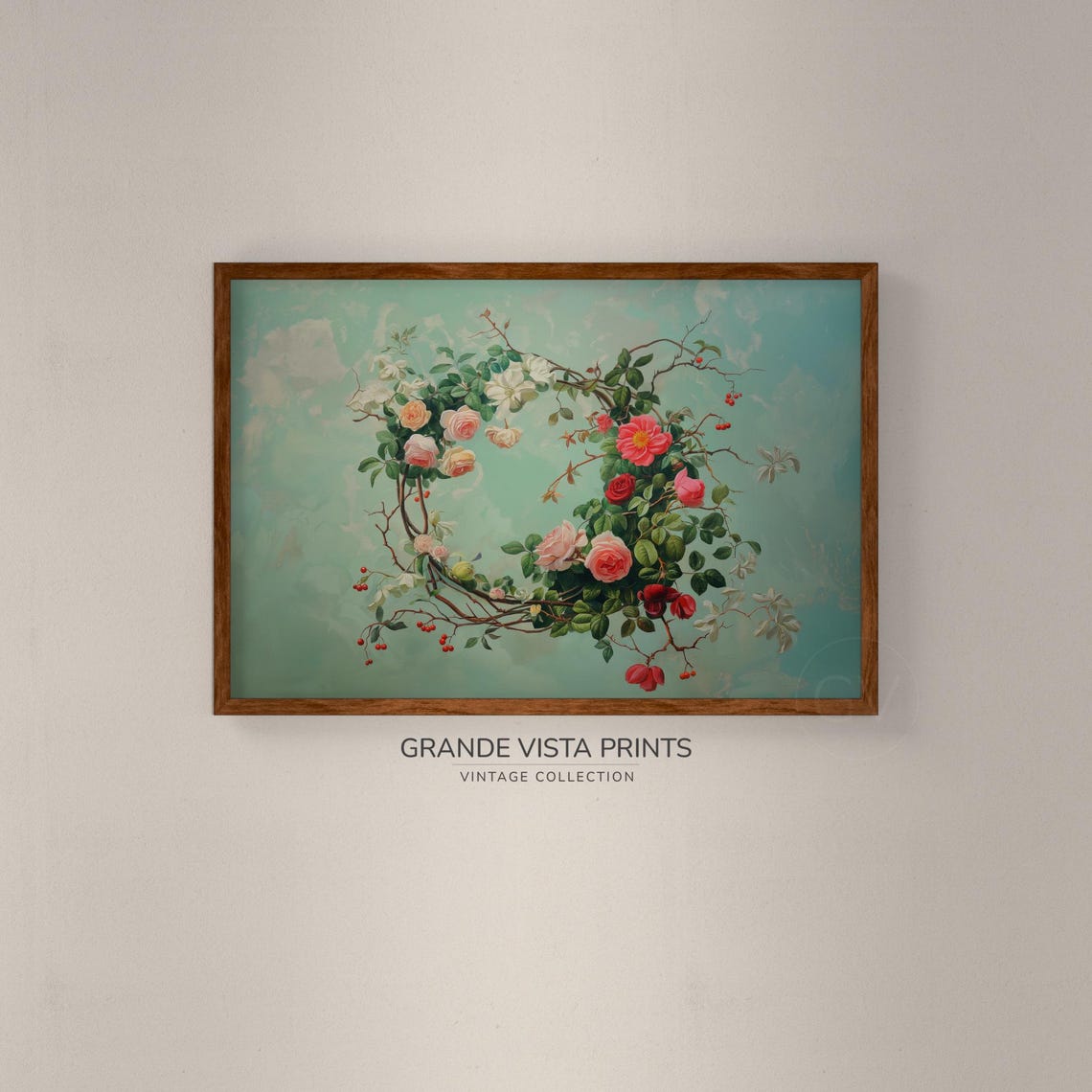 Pink Rose Wreath Garland Peachy Red Roses Mint Green Wall Art Print - Image 2