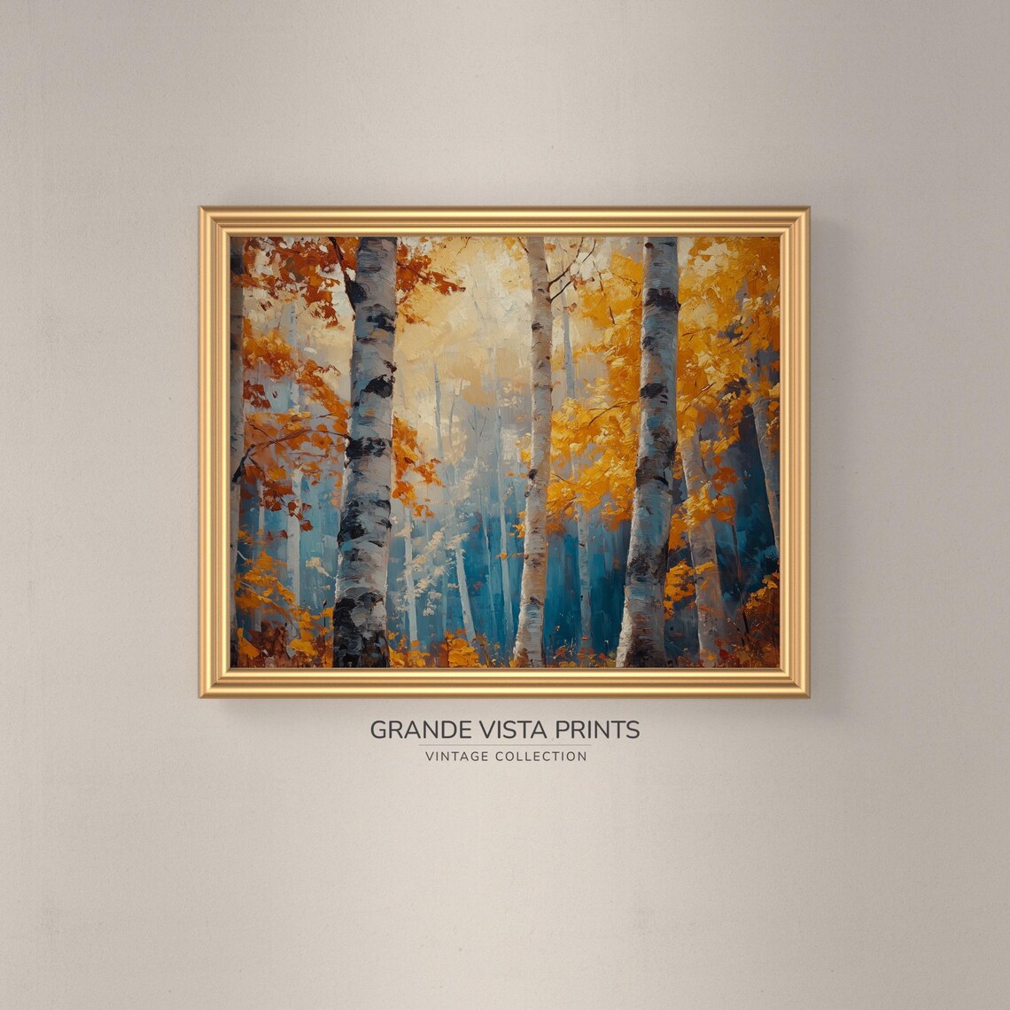 Misty Blue Birch Forest Foggy Autumn Trees Landscape Painting Poster - Image 3