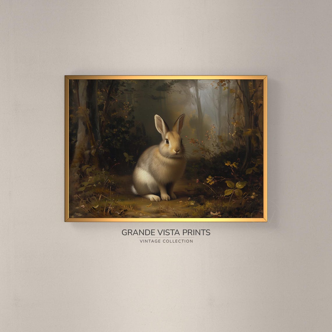 Rabbit Sitting in Dark Misty Forest Clearing Vintage Art Poster