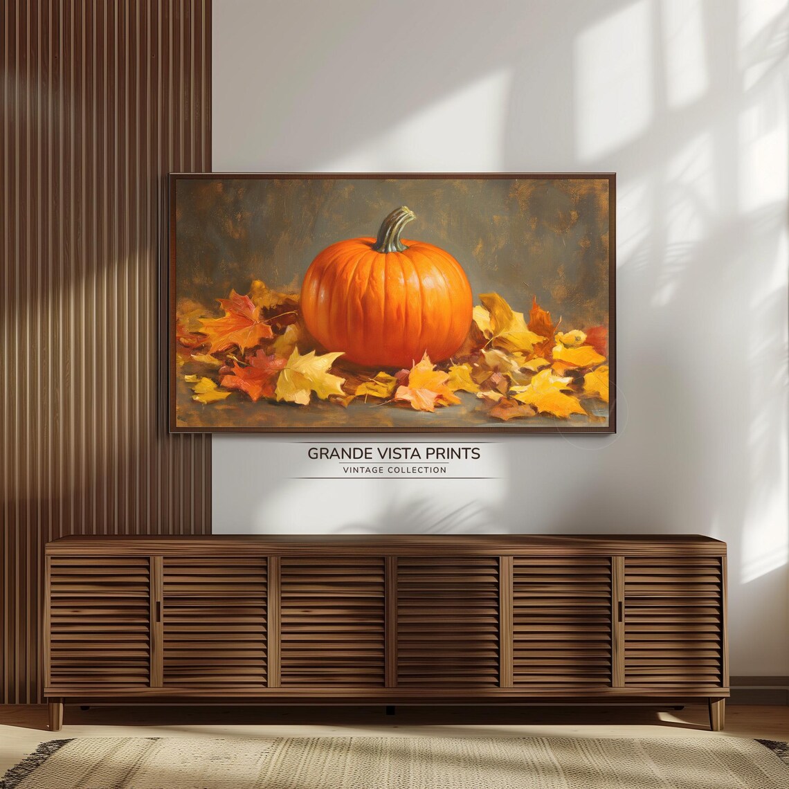 Single Orange Pumpkin Golden Autumn Leaves Dark Vintage Fall Art Poster - Image 3