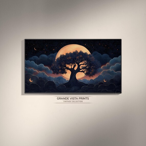 Full Moon Tree Silhouette Starry Night Waves Celestial Art Poster