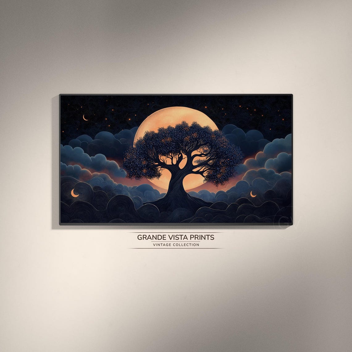 Full Moon Tree Silhouette Starry Night Waves Celestial Art Poster