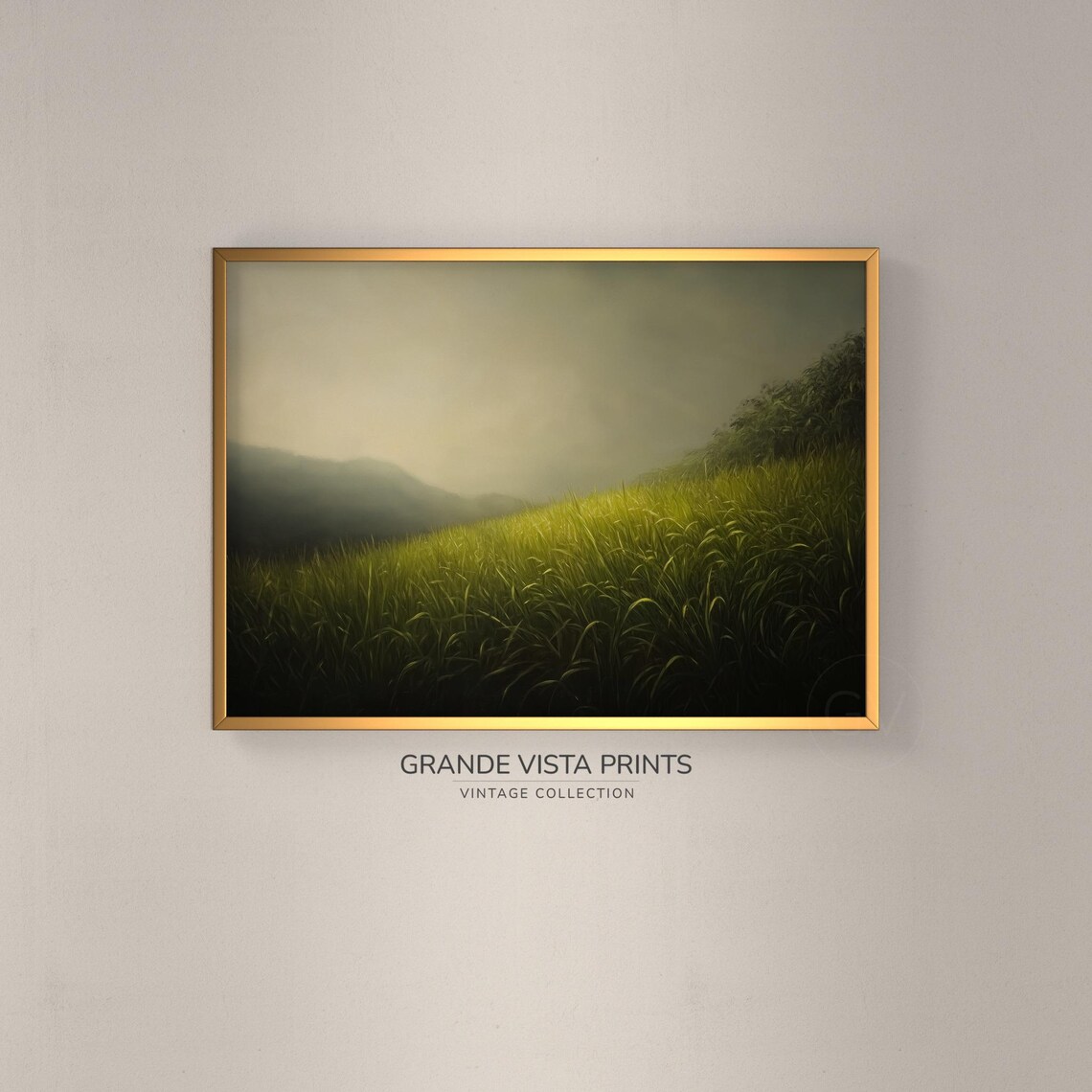 Misty Green Meadow Hillside Soft Fog Minimal Vintage Landscape Poster
