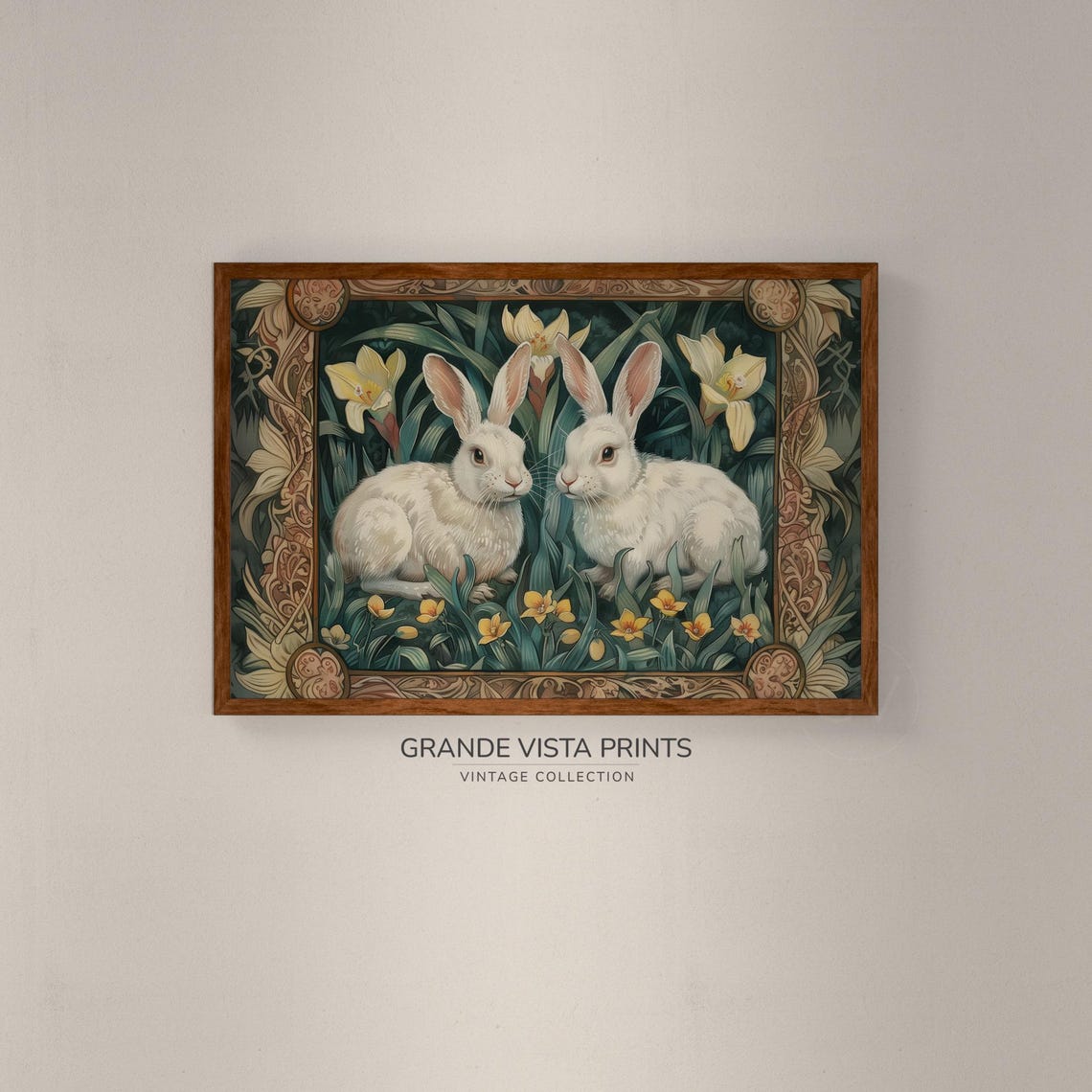 Two White Rabbits Among Yellow Lilies Nouveau Border Easter Wall Print - Image 2