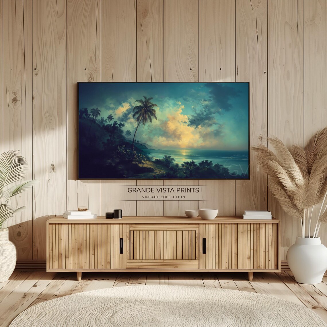 Tropical Palm Beach Cliff Dusk Turquoise Sea Golden Sky Poster - Image 2