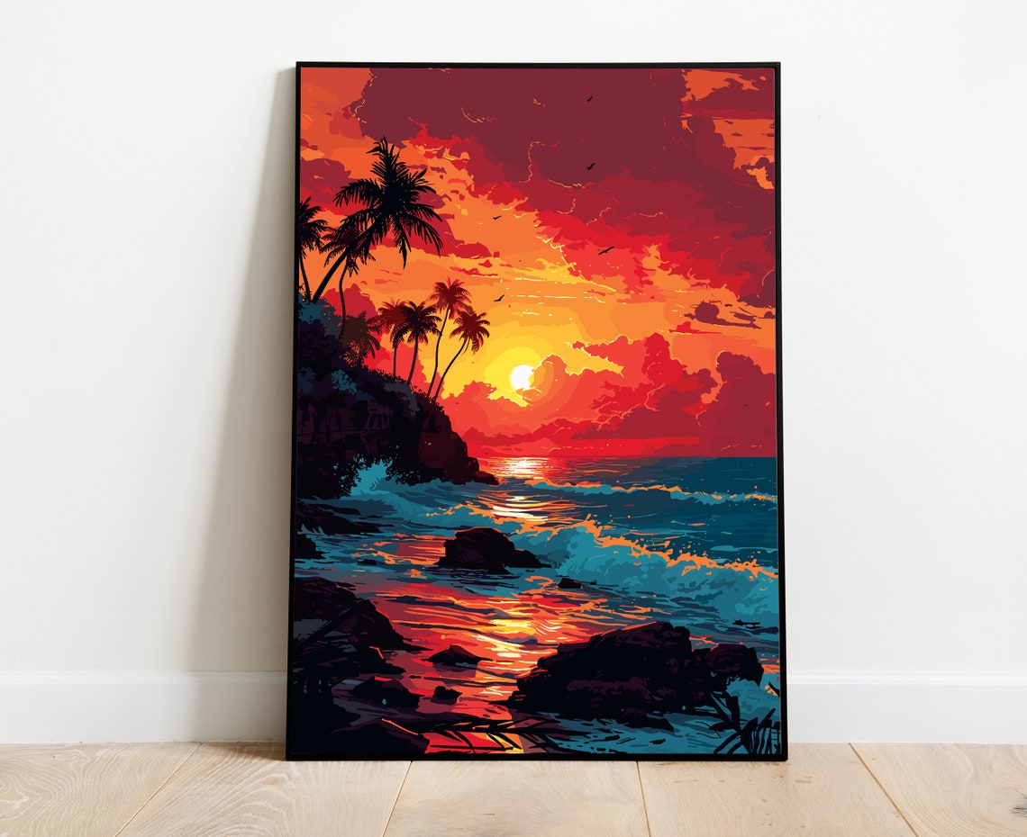 Sunset Beach Art Print Tropical Palm Trees Seascape