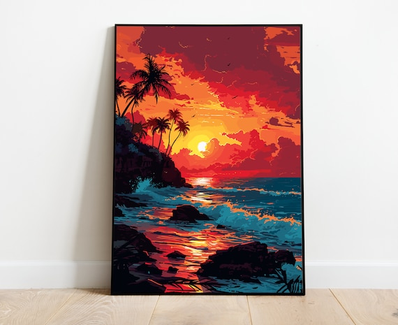 Tropical Sunset Palms Rocky Coast Waves Ocean Scenic Art Poster