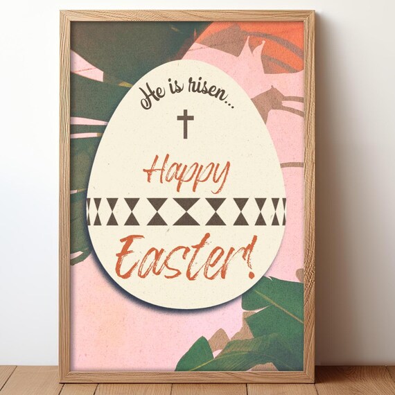 He Is Risen Happy Easter Egg Cross Tropical Christian Faith Poster