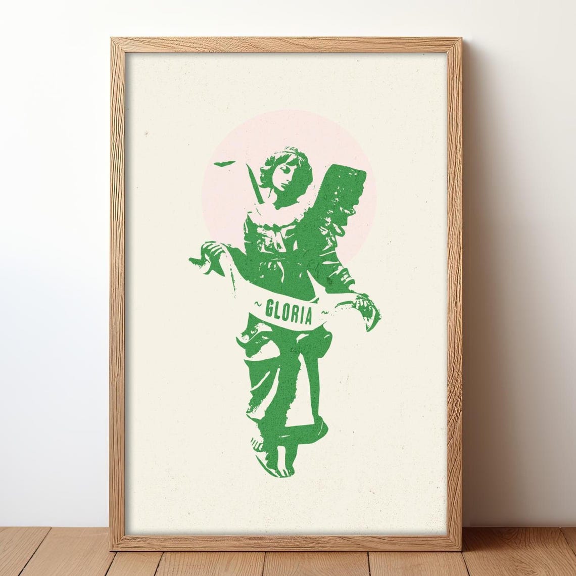 Gloria Angel Green Silkscreen Catholic Religious Vintage Wall Art