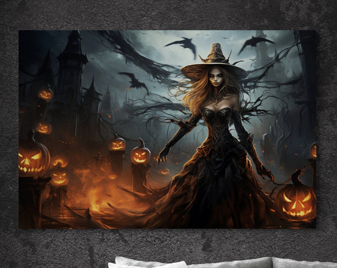 Witch With Glowing Pumpkins In Haunted Village Halloween Art Poster - Image 3
