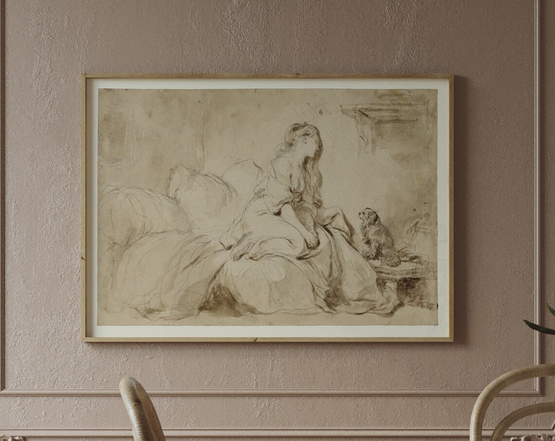 Antique Woman Portrait Sepia Sketch with Small Dog Neutral Vintage Poster - Image 4