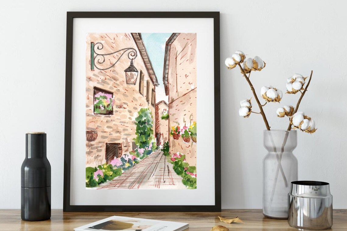 Romantic Italian Old Town Alley Flowers Watercolor Travel Poster