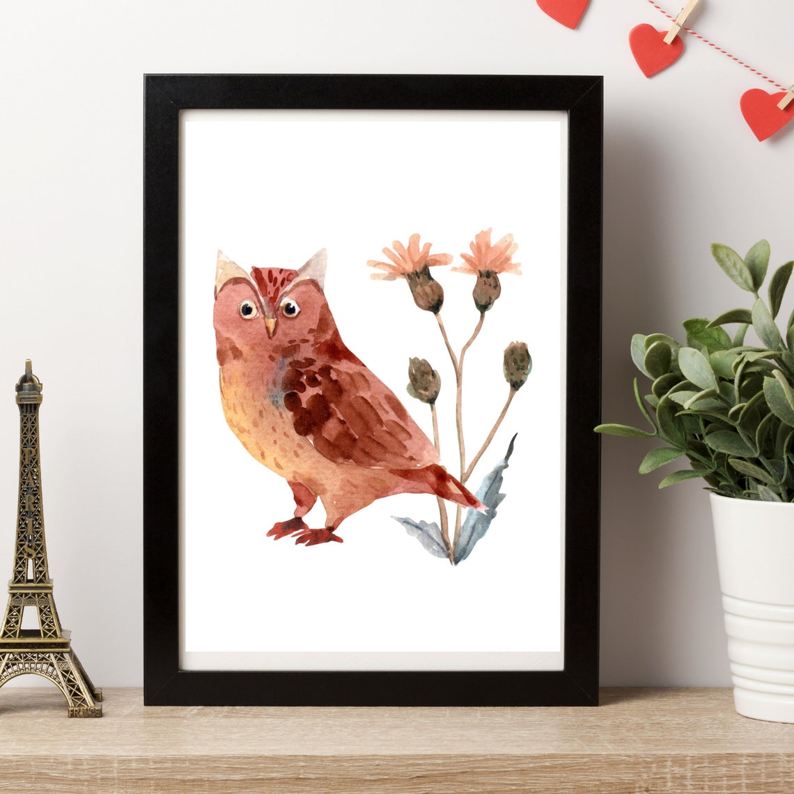 Warm Brown Watercolor Owl with Autumn Thistle Flowers Bird Art Poster - Image 2