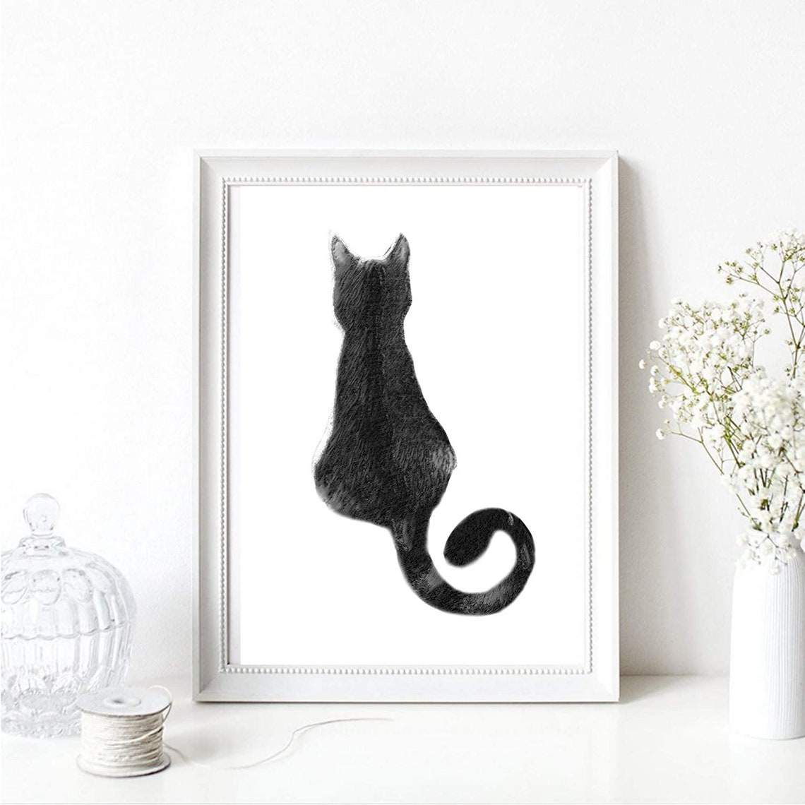 Black Cat Rear View Watercolor Minimalist Sitting Cat Art Print