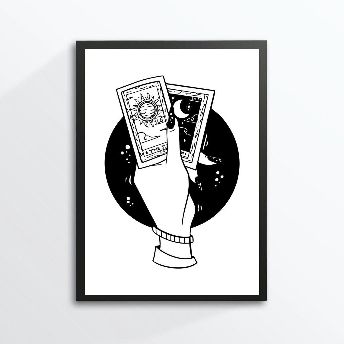 Tarot Card The Sun And Moon Black White Gothic Mystical Wall Print