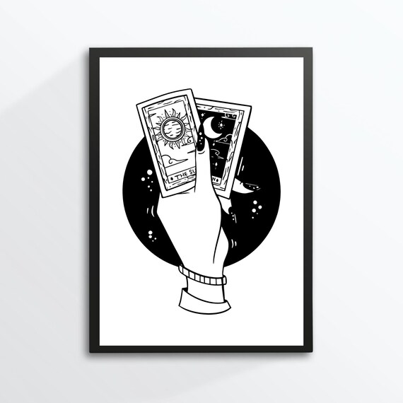 Tarot Card The Sun And Moon Black White Gothic Mystical Wall Print