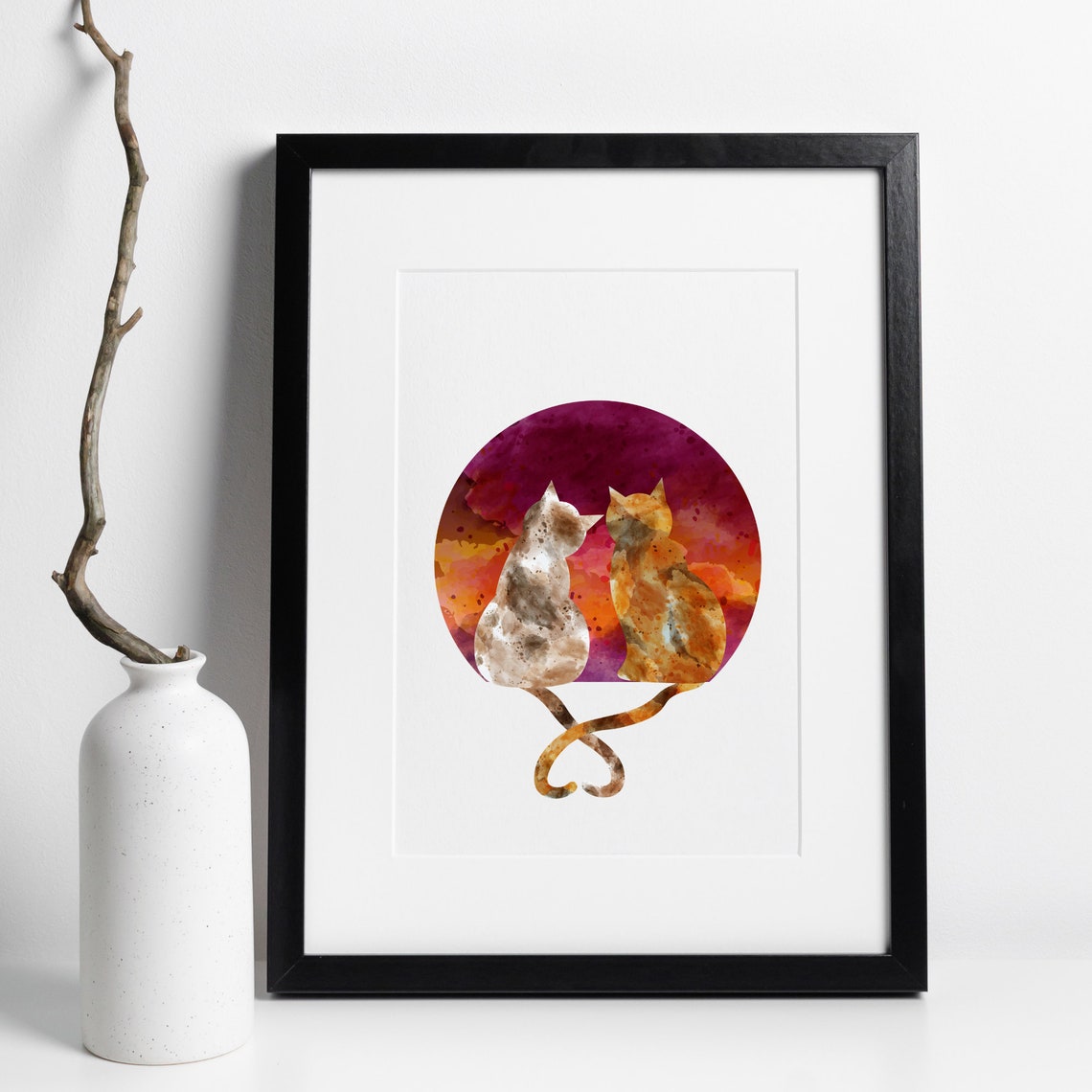 Sweet Cat Couple Sunset Circle Watercolor Tails Heart Wall Art - Image 3